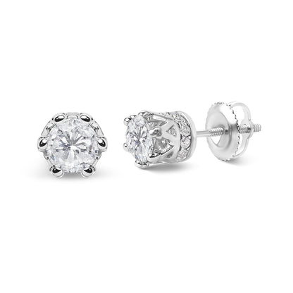 14K White Gold 1.0 Cttw Round Cut Prong-Set Diamond Crown Stud Earring (I-J Color, I1-I2 Clarity)