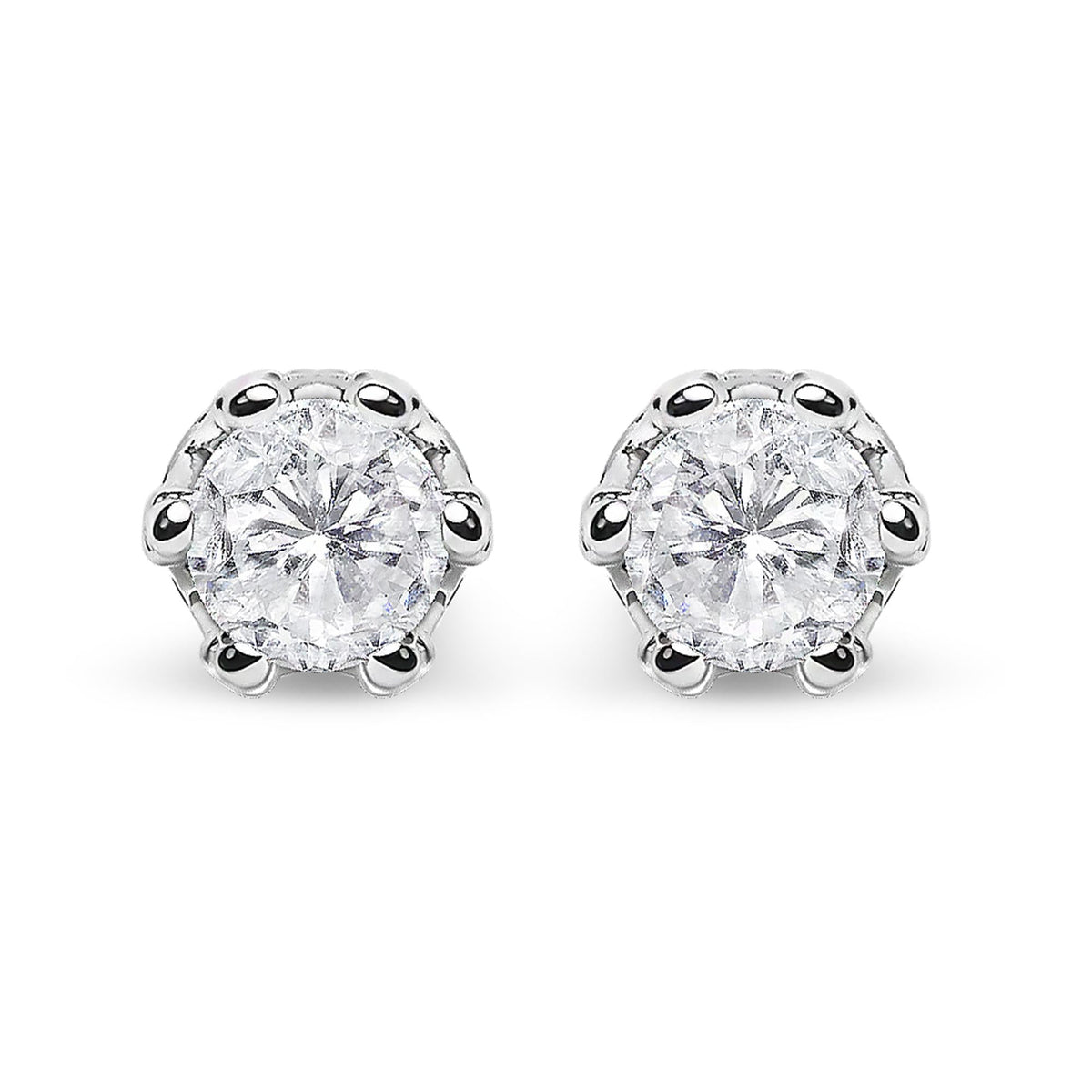14K White Gold 1.0 Cttw Round Cut Prong-Set Diamond Crown Stud Earring (I-J Color, I1-I2 Clarity)