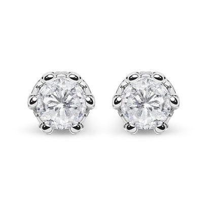 14K White Gold 1.0 Cttw Round Cut Prong-Set Diamond Crown Stud Earring (I-J Color, I1-I2 Clarity)