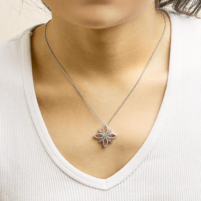 Sterling Silver 1/2 Cttw Diamond Floral Cross Pendant Necklace