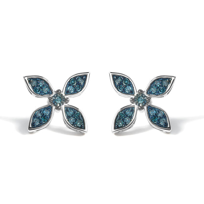 .925 Sterling Silver 1/3 Cttw Blue Diamond Floral Earrings