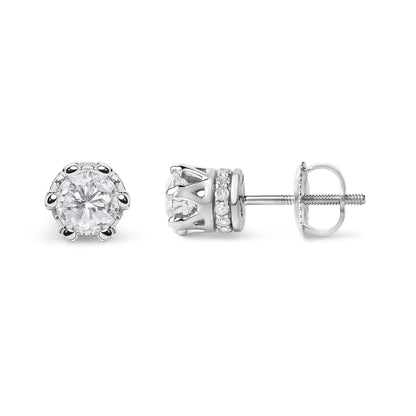 14K White Gold 1.0 Cttw Round Cut Prong-Set Diamond Crown Stud Earring (I-J Color, I1-I2 Clarity)